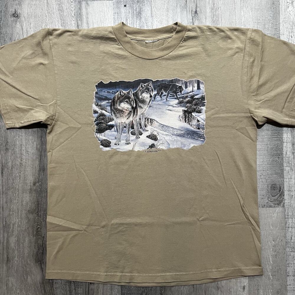 VTG Wolf T Shirt Y2K Beige Animal Outdoor Wilderness Tee Size XL
